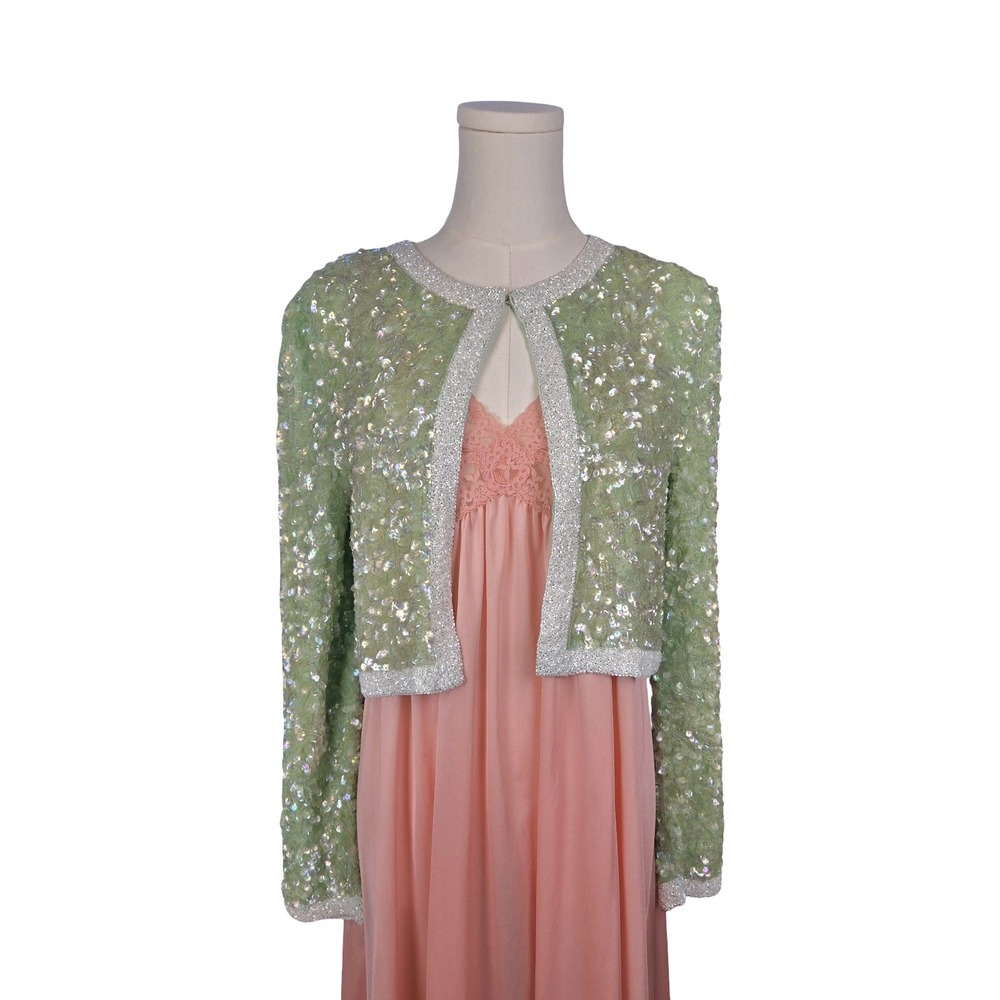 Scarlet Rage Vintage 80s Silk Sequin Beaded Bolero Jacket Mint Green M Party